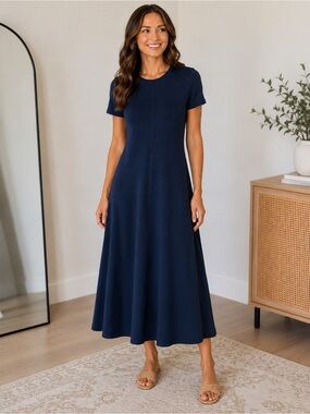 LOFT Navy Soft Knit Swing Midi Dress Petite Small SP Fit & Flare A-Line